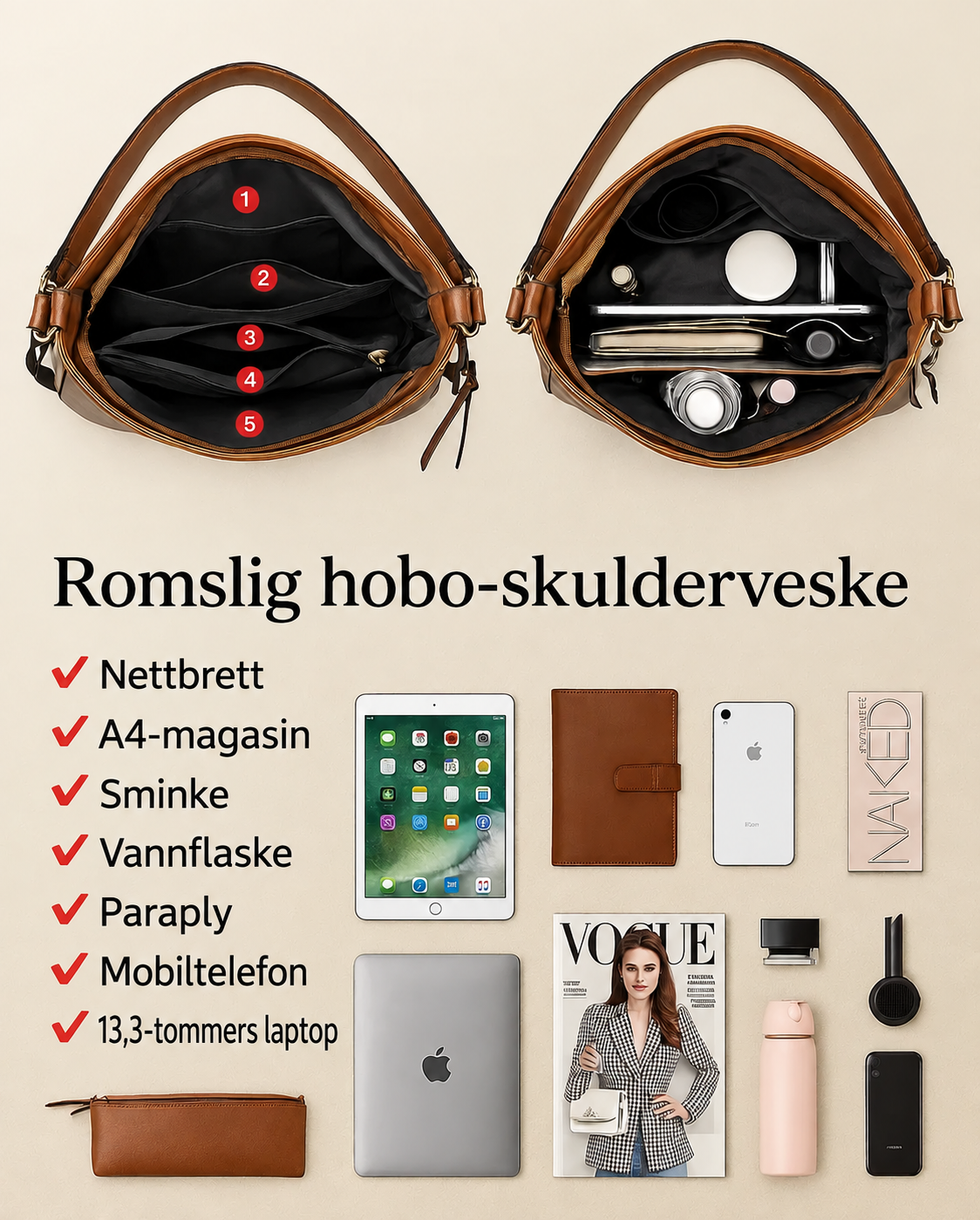 Nordvesk™ Luksus Hobo Håndveske – 3-Delt Sett