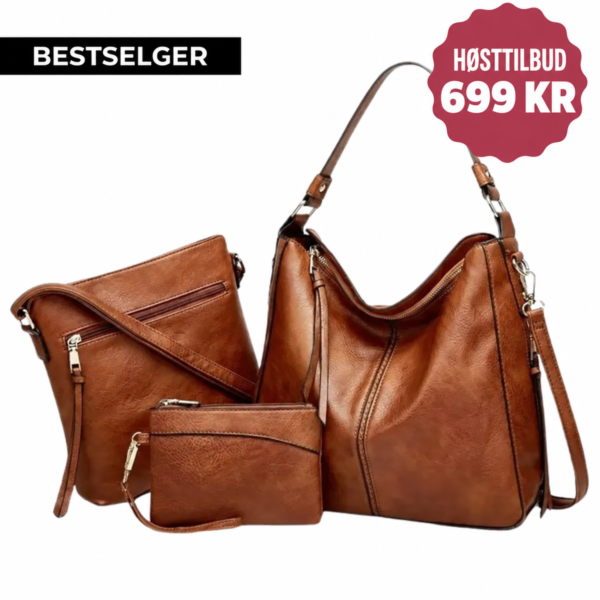 Nordvesk™ Luksus Hobo Håndveske – 3-Delt Sett